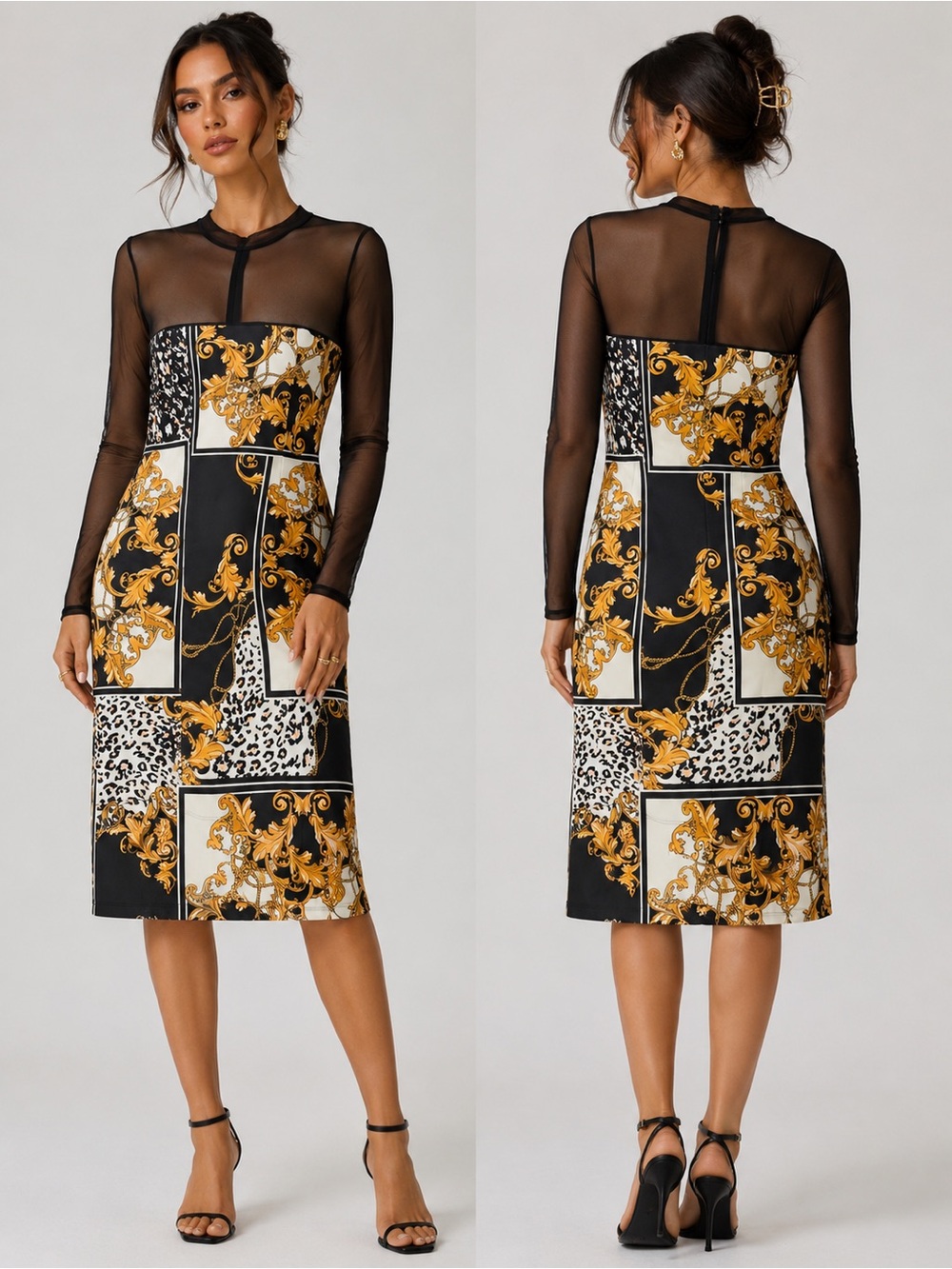 Alexia Admor Black, White & Gold Baroque Patchwork Midi Dress with Sheer Yoke